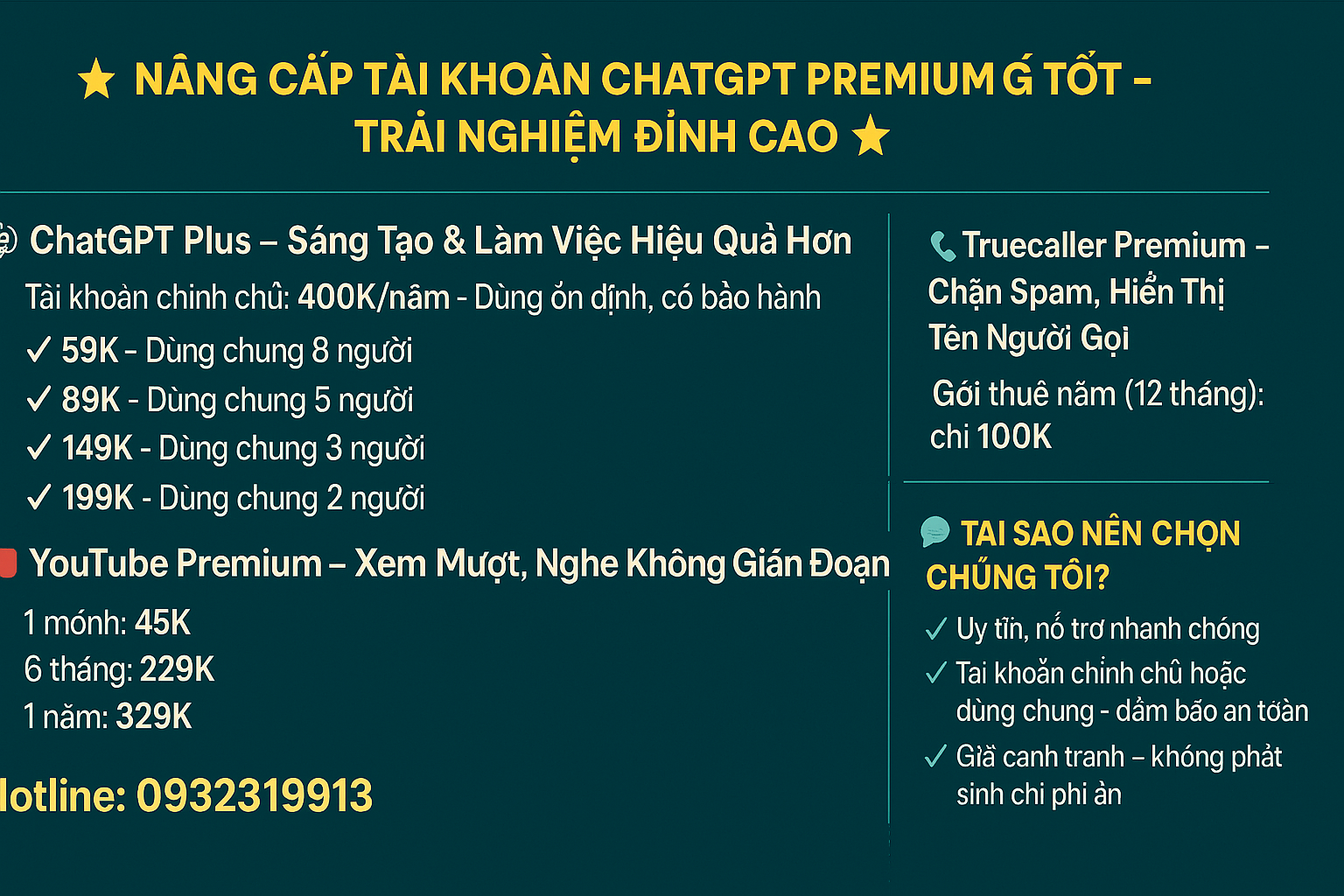 tài khoản chatgpt youtube premium truecaller